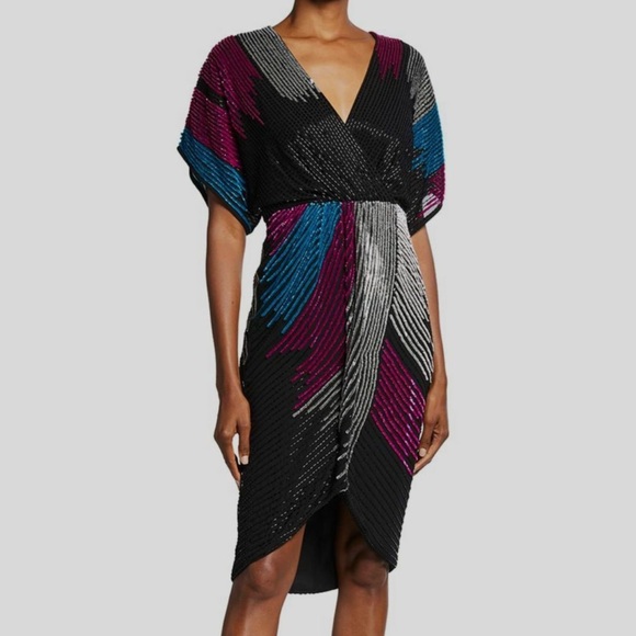 Aidan Mattox Dresses & Skirts - Aidan Mattox Women's Black V-Neck Beaded High-Low Faux-Wrap Dress Size 8 Ab13